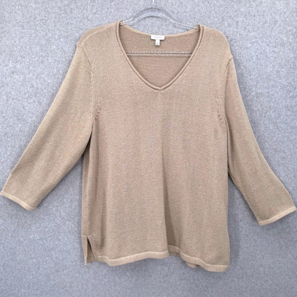 Talbots XL Linen Blend Knit Sweater Metallic‎ Sparkle V Neck 3/4 Sleeve Women's